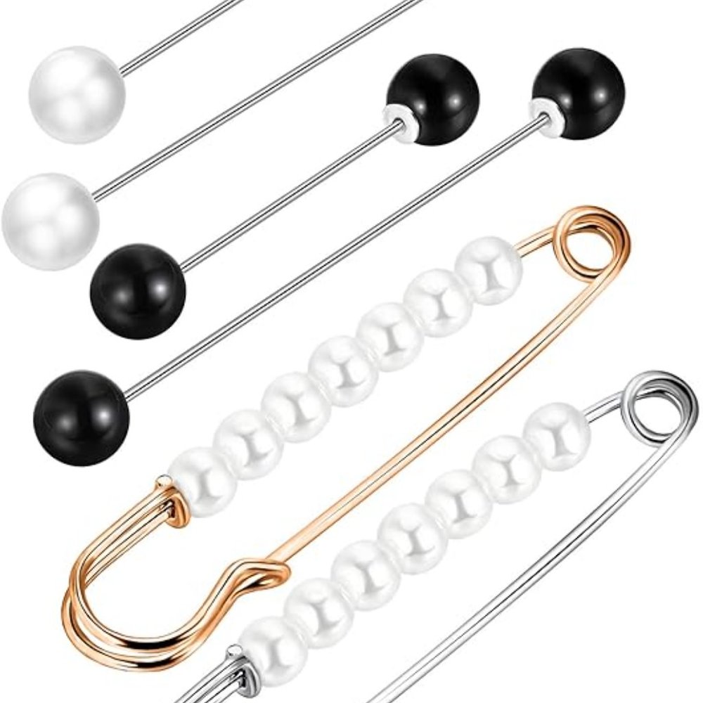 6 pc faux Pearl Black & White Brooch Sweater/Hat Pins & Shawl Clips NWT